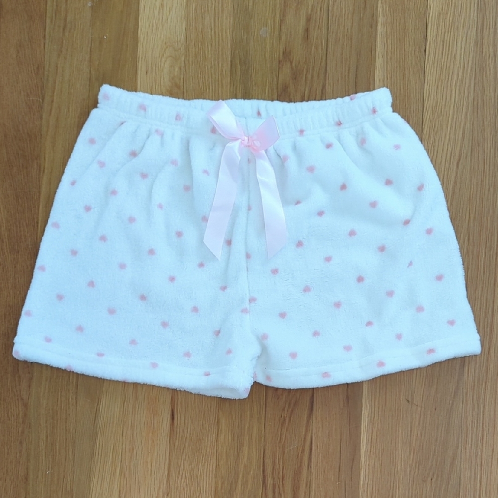 White and Pink Heart Fleece Pajama Shorts New Women's large
